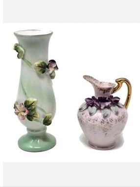 Vintage Ucagco Bisque Porcelain Bud Vase And Lefton Mini Pitcher Purple Set